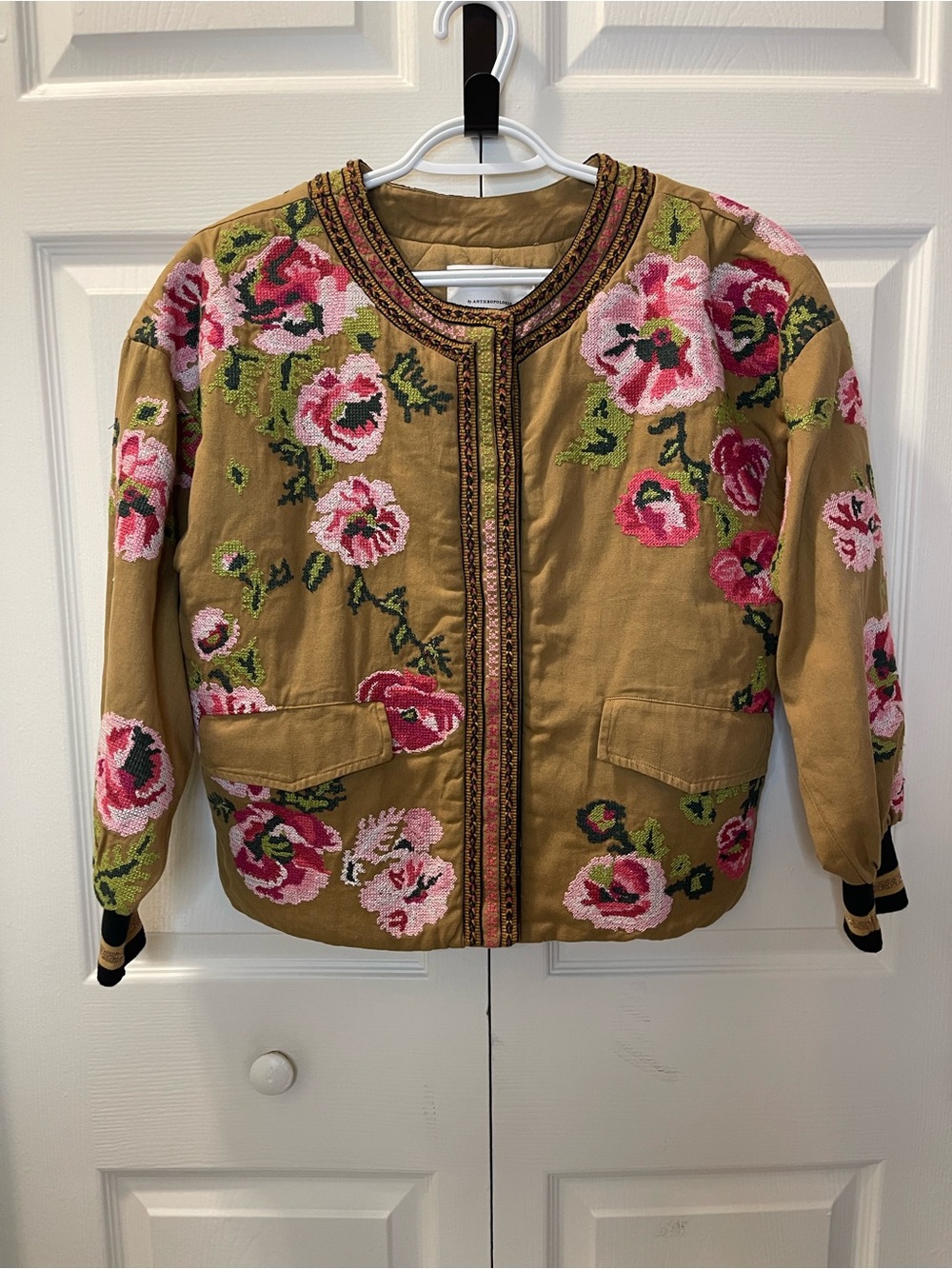 Stylish and Unique Anthropologie Needlepoint Bomber Jacket with Pink Flowers